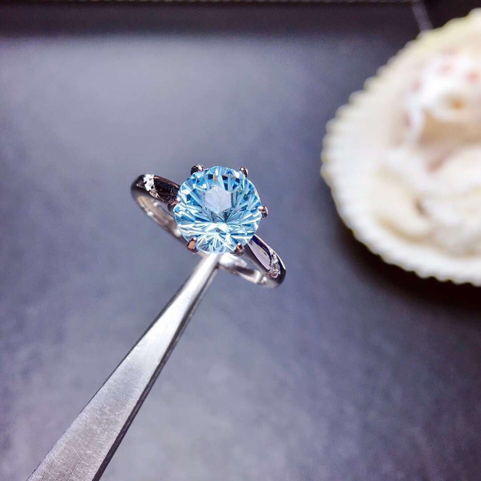 Womens Adjustable Rings Aquamarine Blue Stone Copper White Gold Tone Elegant Diamond Cut Fashion Jewelry Gifts