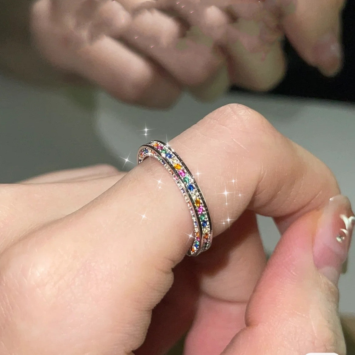 Womens Geometric Alloy Ring Beaded Ring With Rainbow Elements Multi Treasure Design Jewelry Gift For Her Alloy