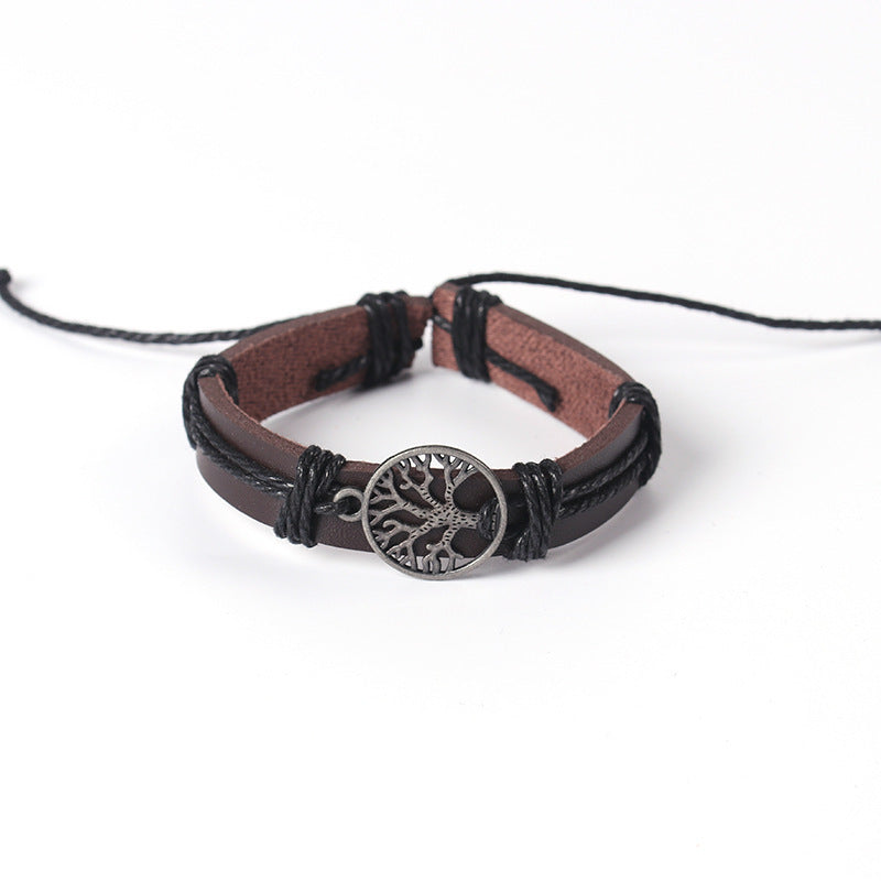 Womens Cowhide Leather Bracelet With Alloy Inlay Tree Of Life Charm Peace Tree Fashion Jewelry European Style Design