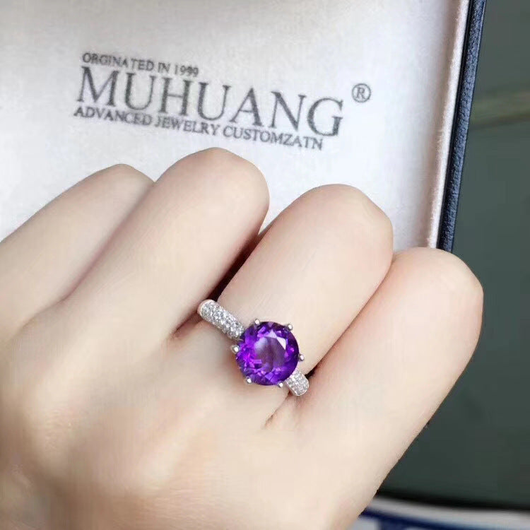 Copper Ring With Deep Amethyst Round Gem Inlay Adjustable Opening European Style Jewelry Elegant Everyday Look