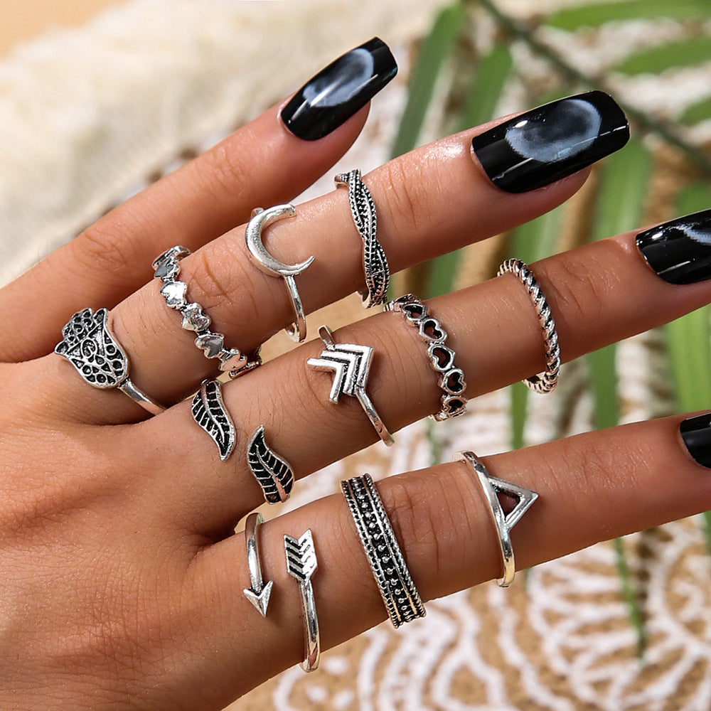 Womens Fashion Rings Set 11 Pieces Alloy Electroplated Rings With Leaf And Arrow Design European Style Jewelry