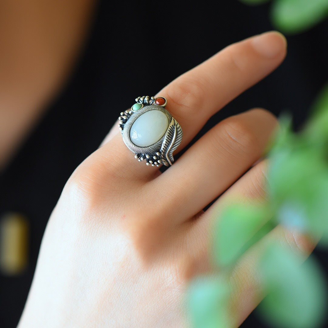 Womens Gold Plated Ring with Hetian Jasper Stone Adjustable Open Animal Zodiac Design Ethnic National Fashion Jewelry Gift for Her