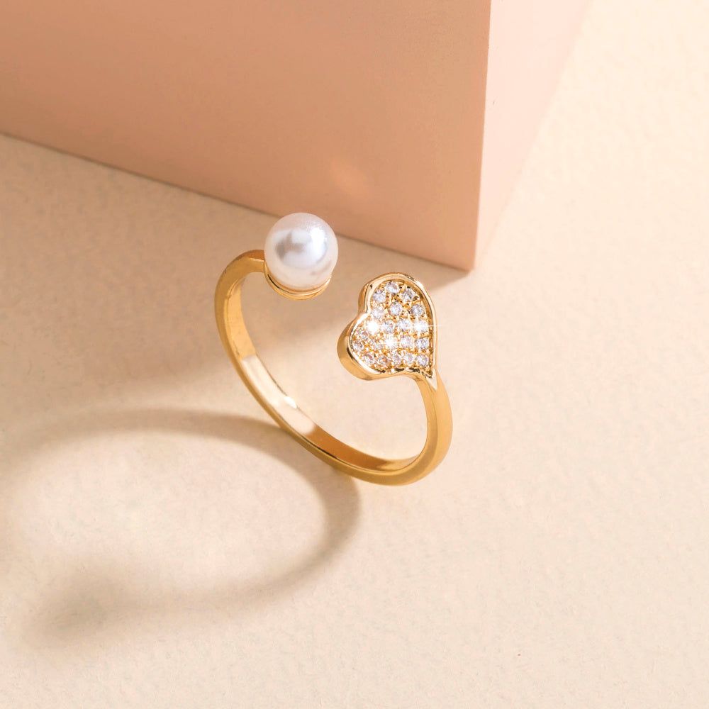Heart Shaped Ring Adjustable Pearl Diamond Ring Copper Electroplating Pearl Jewelry for Women Girls Anniversary