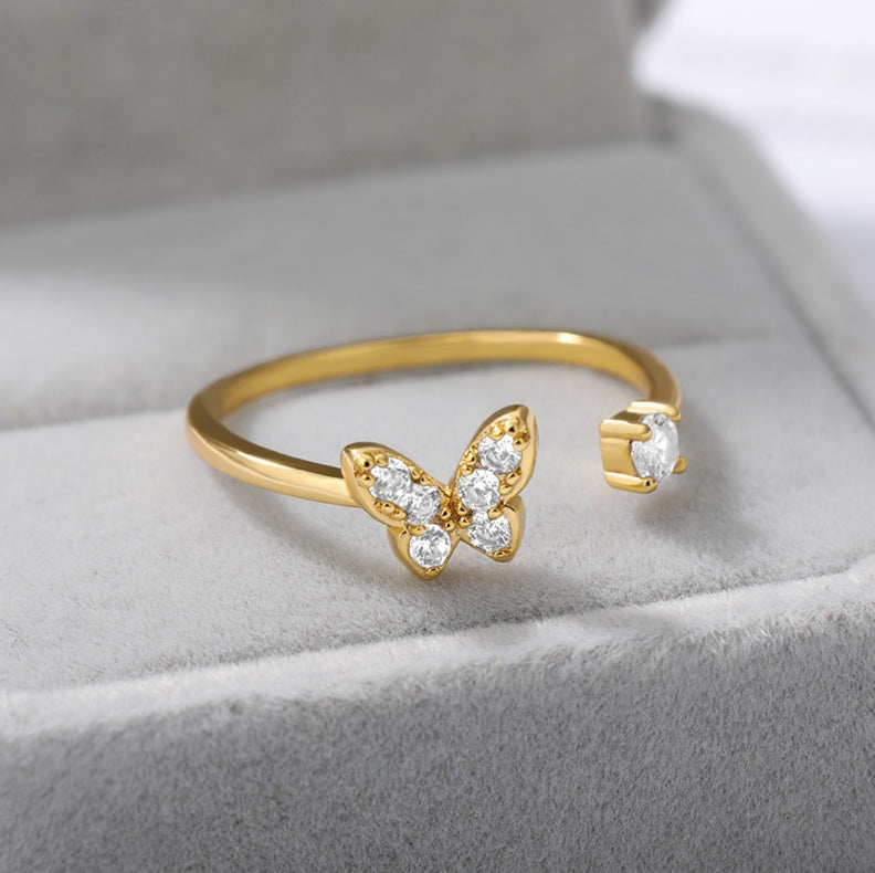 Womens Adjustable Butterfly Ring Open Copper Ring In Gold Tone Or Silver Tone Electroplated Butterfly Elements