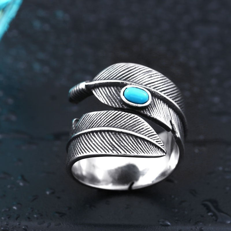 Unisex Titanium Steel Ring With Turquoise Inlaid Gemstone High Bridge Design Gold Plated Fashion Jewelry Everyday Wear