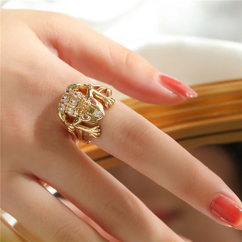 Zircon Micropaved Copper Frog Ring Geometric Adjustable Opening Womens Fashion Jewelry Gift with Copper Finish