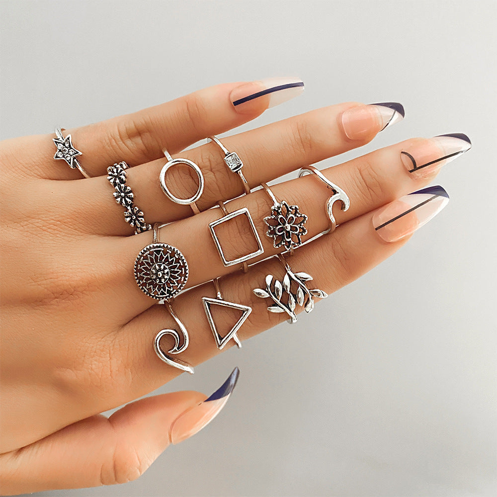 Womens Fashion Rings Geometric Hollow Flower Design Alloy Metal Electroplated Finish Statement Ring Set Flower