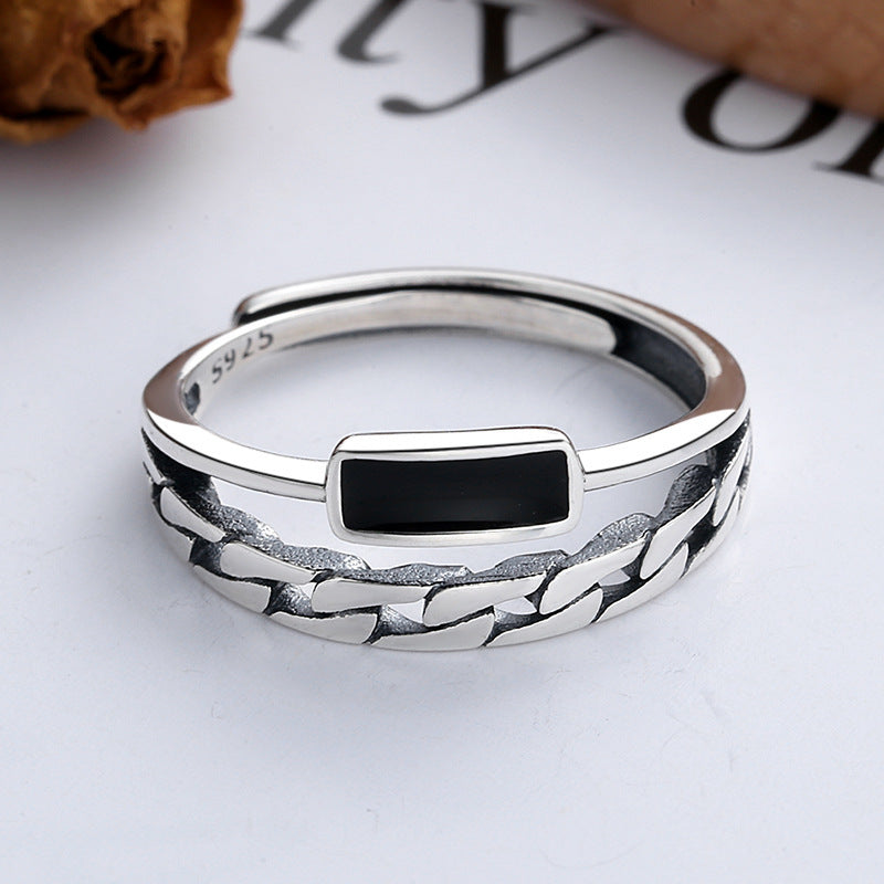 Sterling Silver Ring Distressed Chain Hollow Stitching Epoxy Korean Geometric Design Fashion Jewelry Ring for Women or
