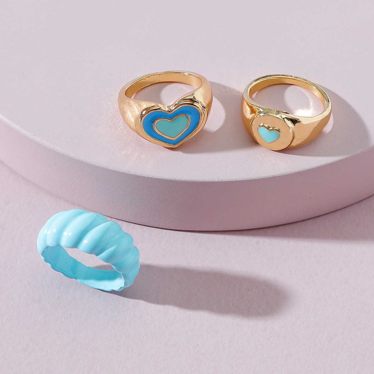 Peach Heart Ring Set Geometric Agate Inlaid Alloy Jewelry