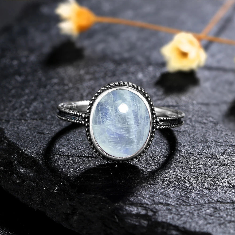 Moonstone Ring Vintage Wide Face Court Style Patterned Copper Electroplated Elegant Statement Jewelry Pure Glow