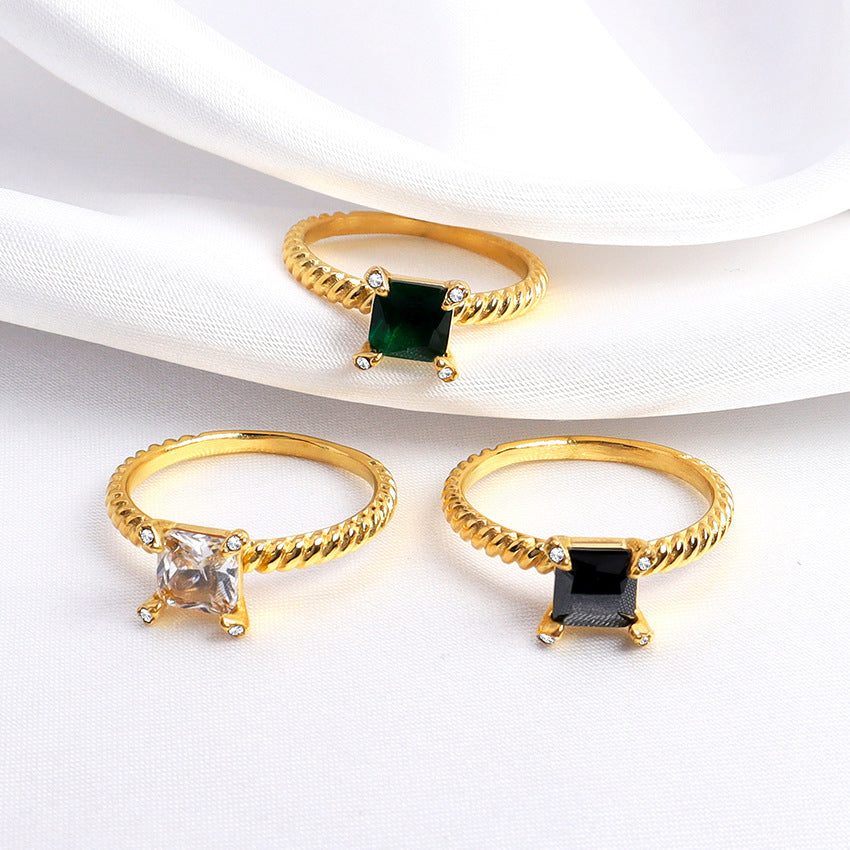 Square Zircon Twist Stainless Steel Ring Unisex Transparent Black Emerald Jewelry Style Gift For Her Anniversary