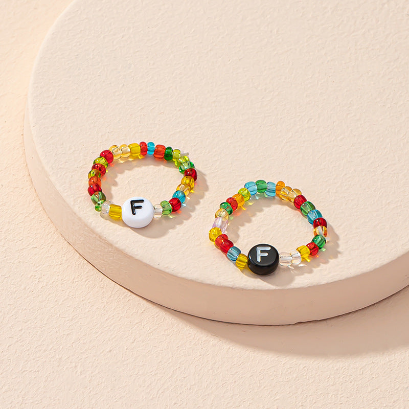 Beaded Letter Initial Ring For Ladies And Men Resin Alphabet Trendy Korean Geometric Ethnic Retro Jewelry Gift