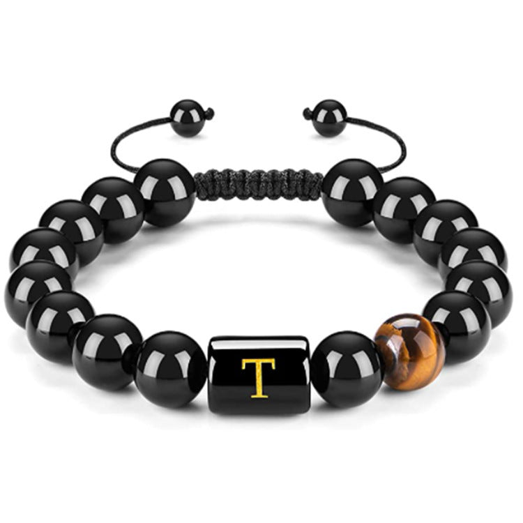 Mens Natural Black Agate 10mm Beads Handmade Initial Letter Bracelet Personalized Gift for Men Letter A Shape Letter