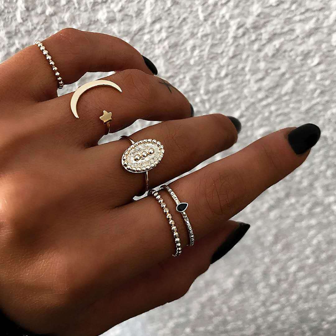 Womens Moon Star Ring Set Silver Electroplated Metal Rings Eye Design European American Fashion Jewelry Collection