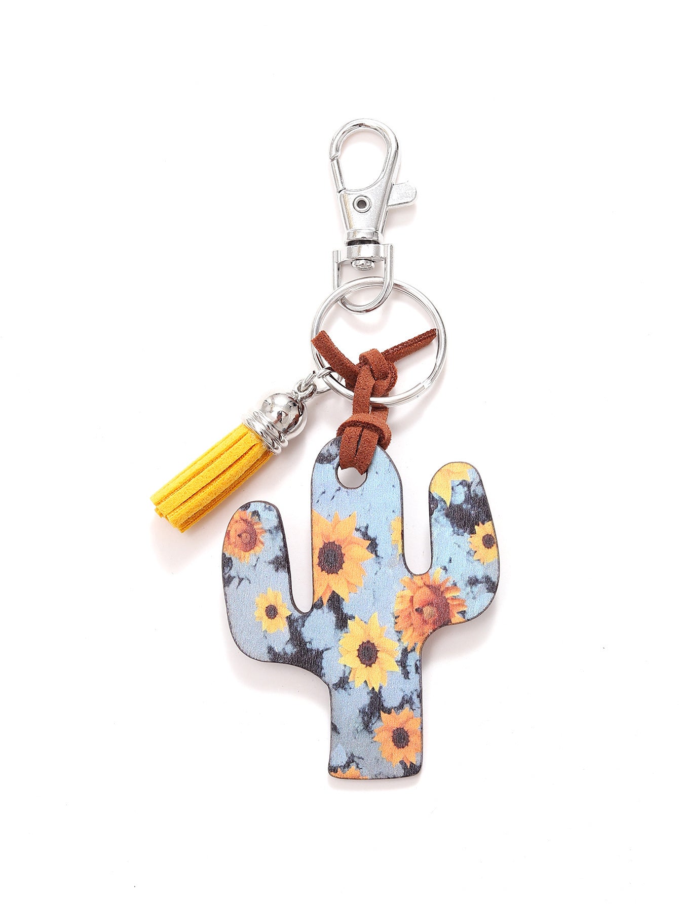 Gray Wooden Keychain Cactus Design With Leopard Flower Accent Durable Key Ring For Women And Girls Pretty Gift