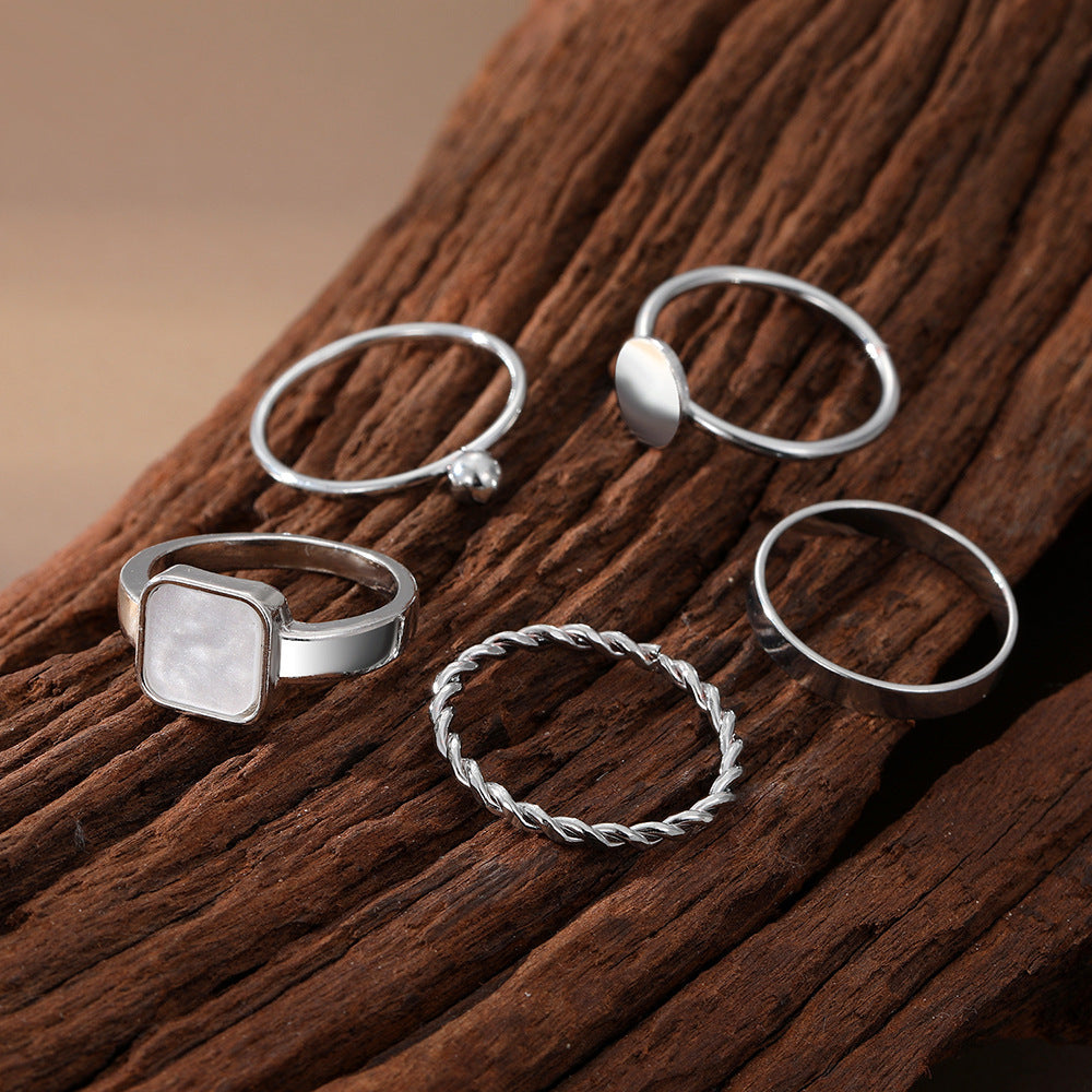 Women's Geometric Alloy Ring Set Stackable Rings Electroplated Quadrangle Design Five Piece Jewelry Collections