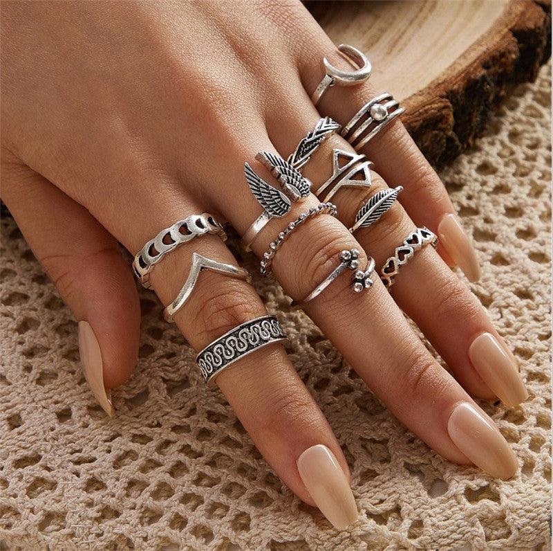 Womens Ring Set 12 Pcs European American Alloy Electroplated Rings Triangle Leaf Joint Designs Fashion Jewelry