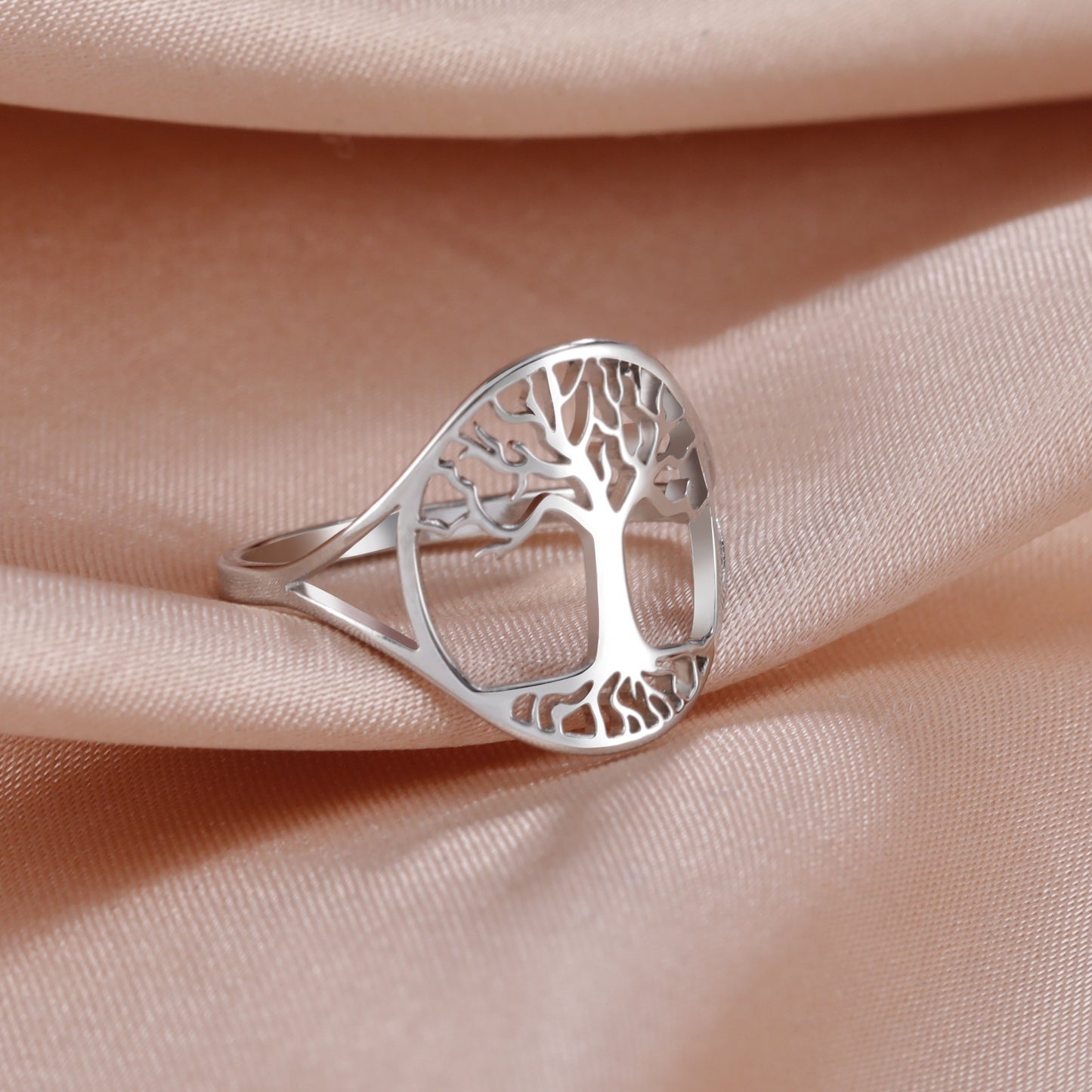 Unisex Stainless Steel Ring With Hollow Tree Design Fashion Band Electroplated Durable Finish For Everyday Wear