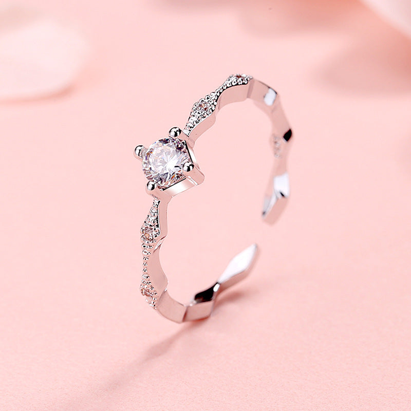 Women Copper Open Adjustable Ring Rhombus Diamond Zircon Accent Cold Wind Design 4mm Zircon Stone Everyday Wear