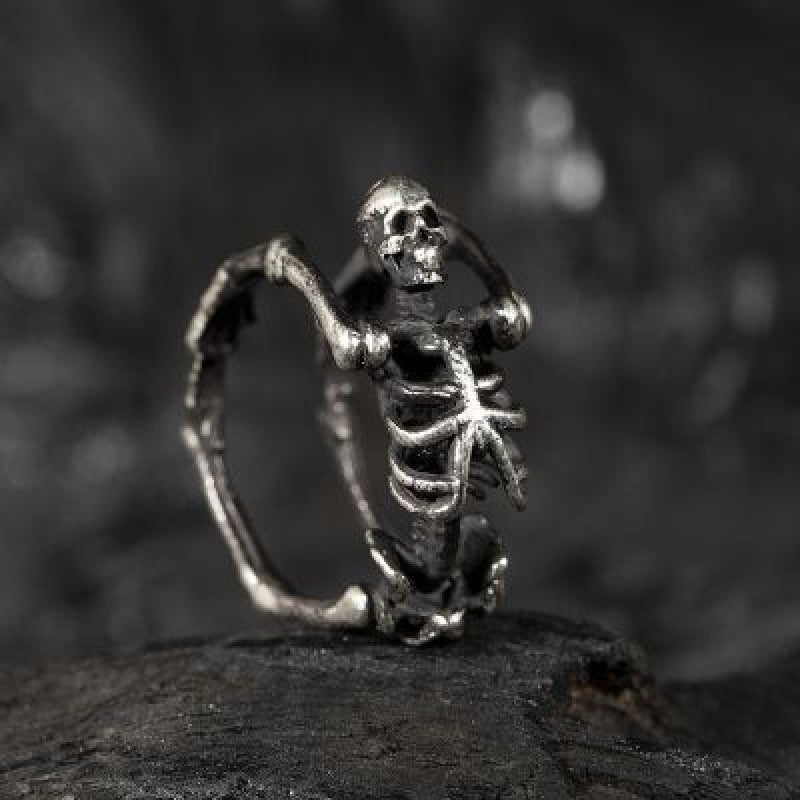 925 Sterling Silver Rock Dark European And American Trend Full Body Skeleton Yoga Skull Ring