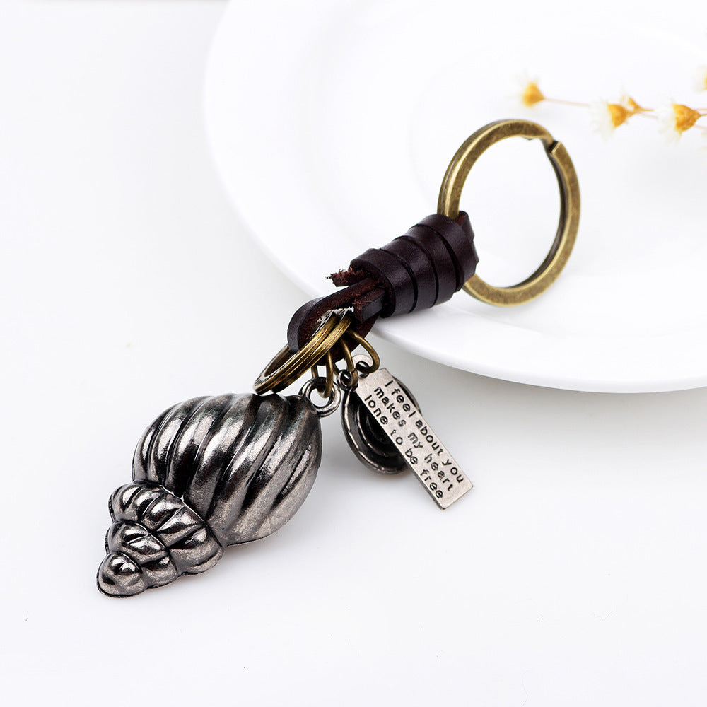 Genuine Leather Keychain Conch Charm Durable Metal Chain Artistic Design Car Keychain Pendant Keyring Keepsake