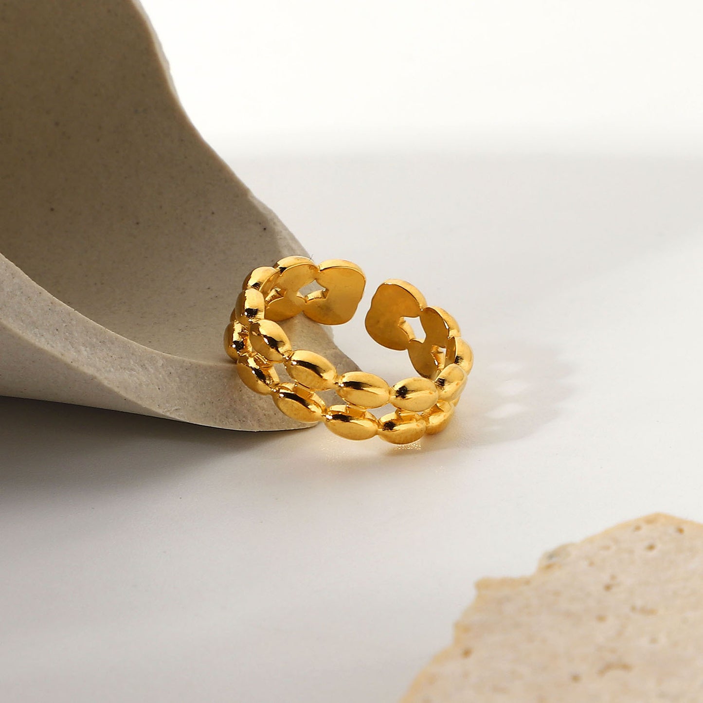 18K Gold Plated Double Layer Oval Bean Ring Stainless Steel Adjustable Fashion Jewelry For Everyday Wear Daily Use