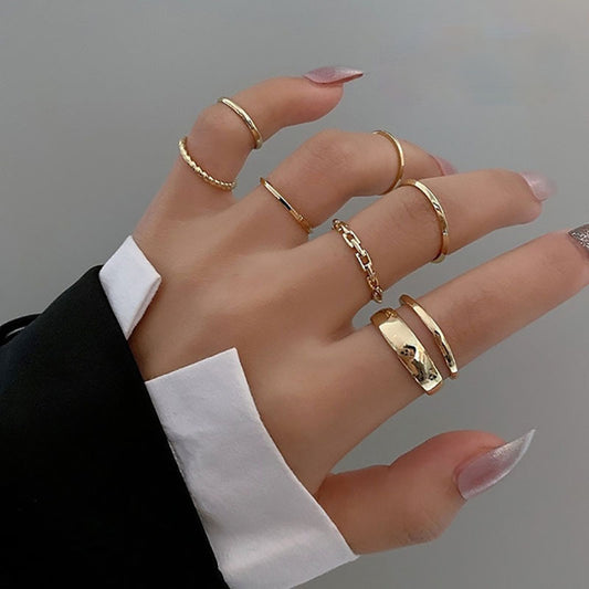 Seven Piece Adjustable Knuckle Ring Set Geometric Rings for Women Men Gold and Silver Electroplated Gold Silver