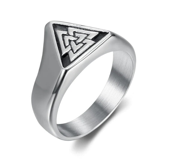 Mens Valknut Ring Stainless Steel Norse Viking Symbol Jewelry Triangular Celtic Knotwork Handcrafted Detailing
