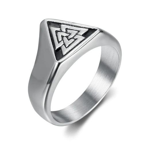 Mens Valknut Ring Stainless Steel Norse Viking Symbol Jewelry Triangular Celtic Knotwork Handcrafted Detailing