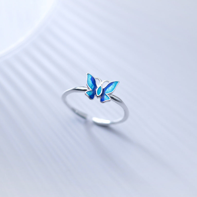Silver Ring With Blue Butterfly Design And Delicate Insect Motif Adjustable Opening For Women Jewelry S925 Collection