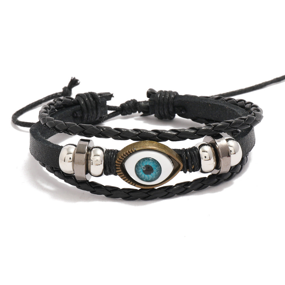 Unisex Vintage Leather Bracelet With Alloy Eyes PU Braided Beads Cowhide Wristband Braided Wrist Jewelry For Men