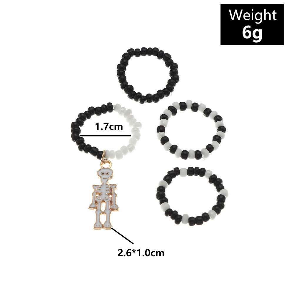 Womens Elastic Rice Bead Ring With Gold Plated Skeleton Design Creative Fashion Jewelry Gift For Her One Size Chic Style