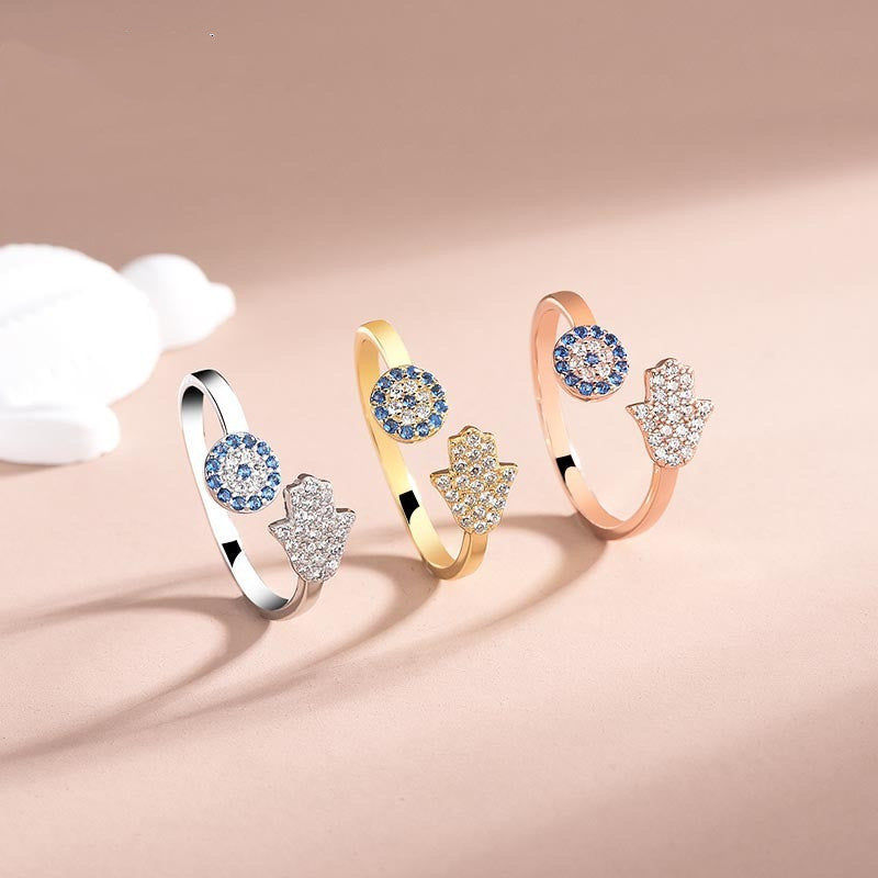 Sterling Silver Demon Eye Ring With Palm Design Adjustable Open Band Zircon Inlay For Women High Quality Rings
