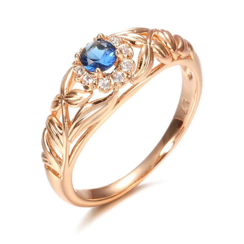 Womens Blue Zircon Ring Gold Plated Copper Flower Design Electroplated Must Have For Fashion Women Elegant Jewelry