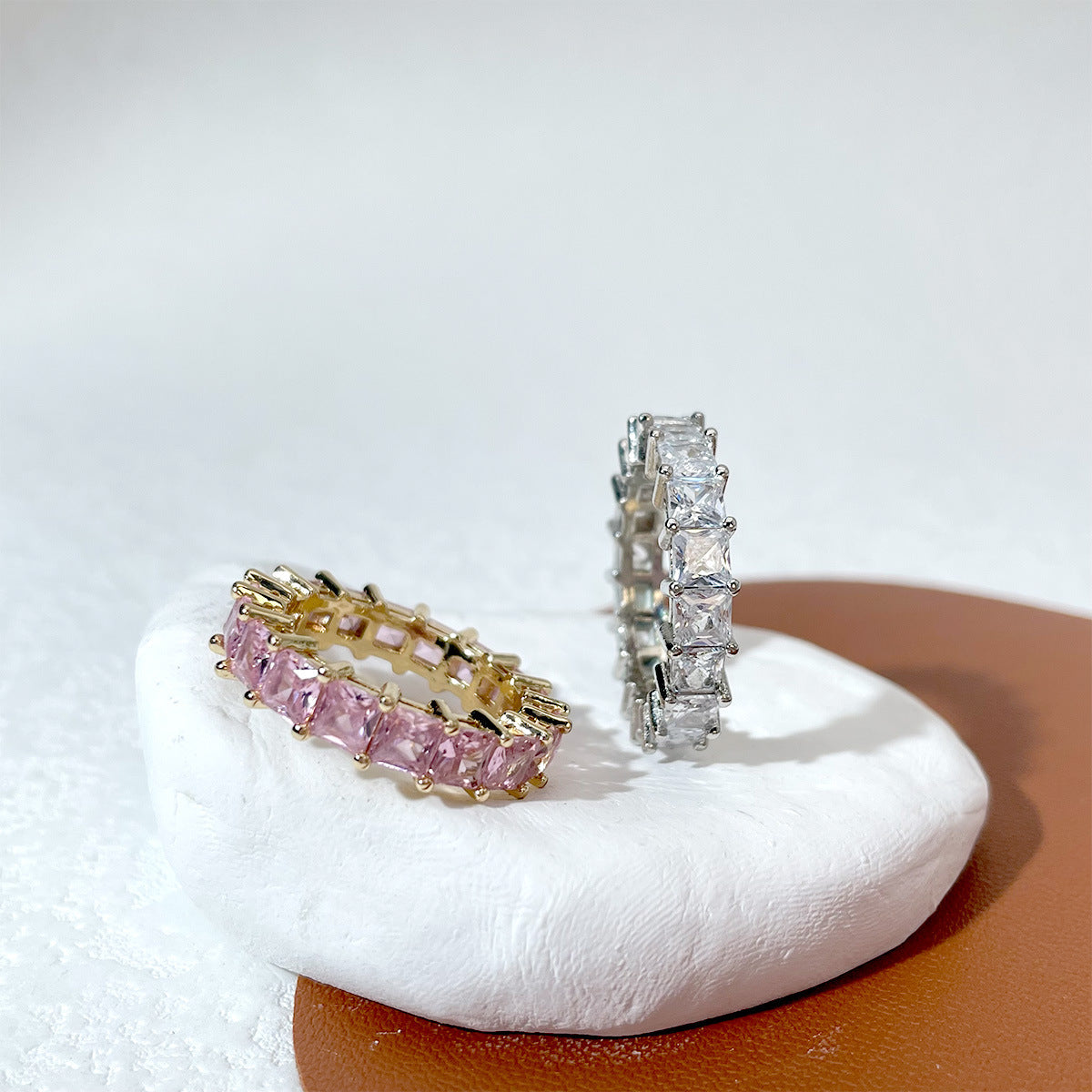 Geometric Copper Ring With Micro Diamond Silver Tone