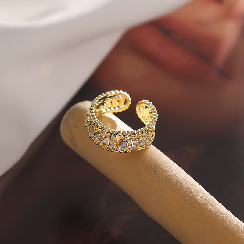 Glittering Hollow Diamond Adjustable Open Ring For Women Copper Electroplated Jewelry Gift Elegant Sparkling Gift