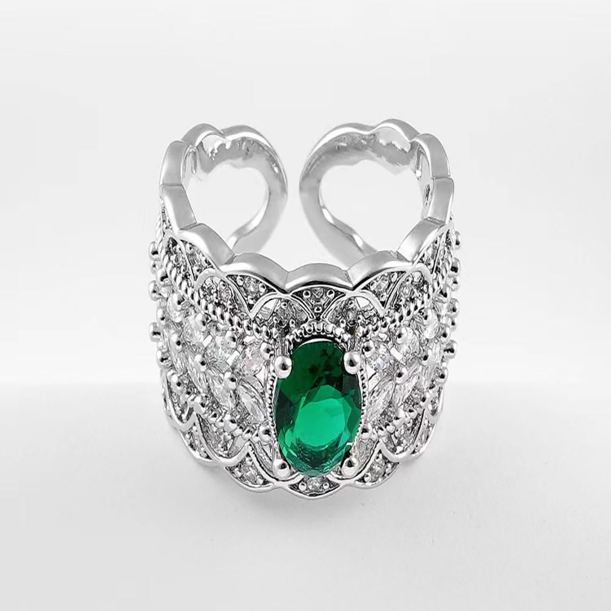 Vintage Court Style Hollow Emerald Diamond Wide Ring Copper Silver Inlaid Zircon For Women Average Size Round