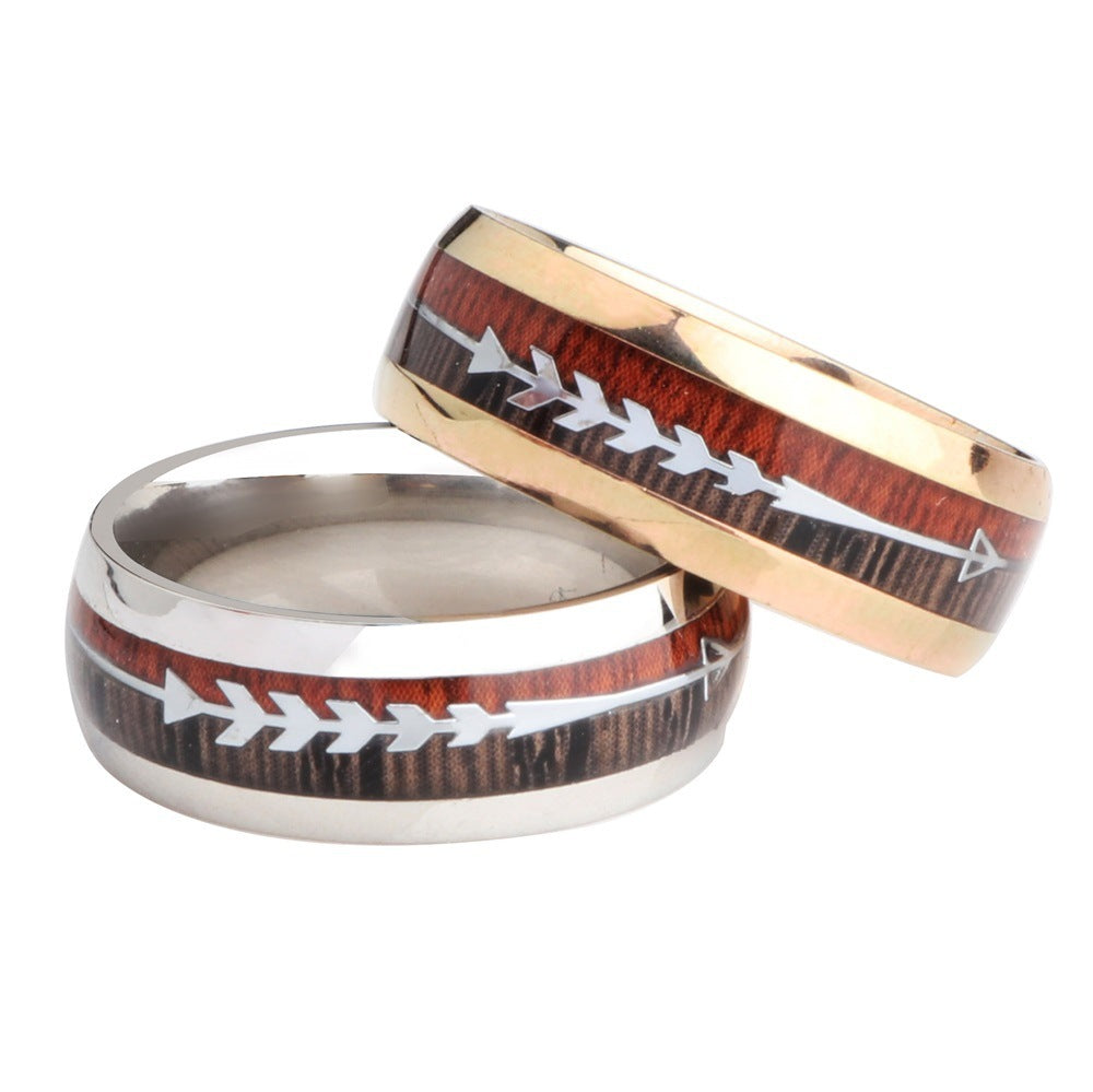 Mens Stainless Steel Ring With Wood Grain Inlay Arrow Design Durable Band For Everyday Wear Jewelry Great Gift