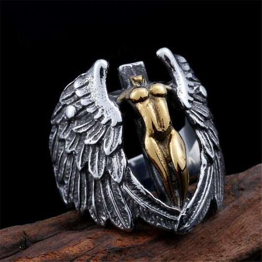 Mens Titanium Steel Ring Winged Angel Cross Polished Finish European American Design Bold Jewelry Gift for Him