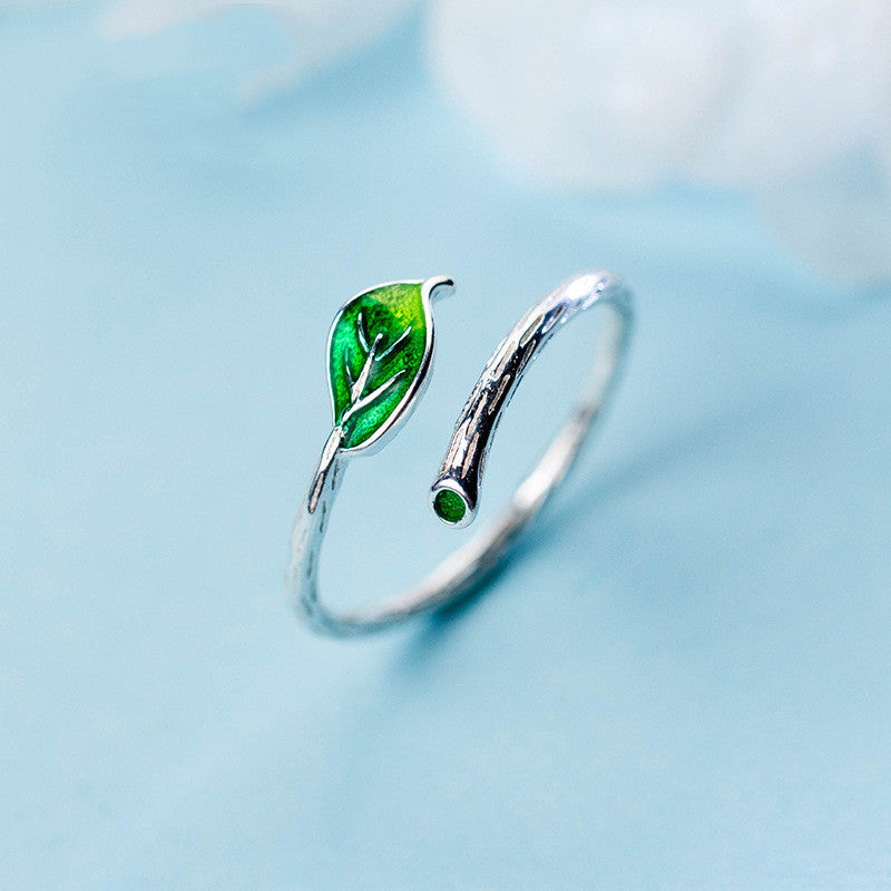 Green Leaf Open Ring for Women Simple Branch Design Artistic Leaf Copper Jewelry Graceful Leaf Pattern Jewelry