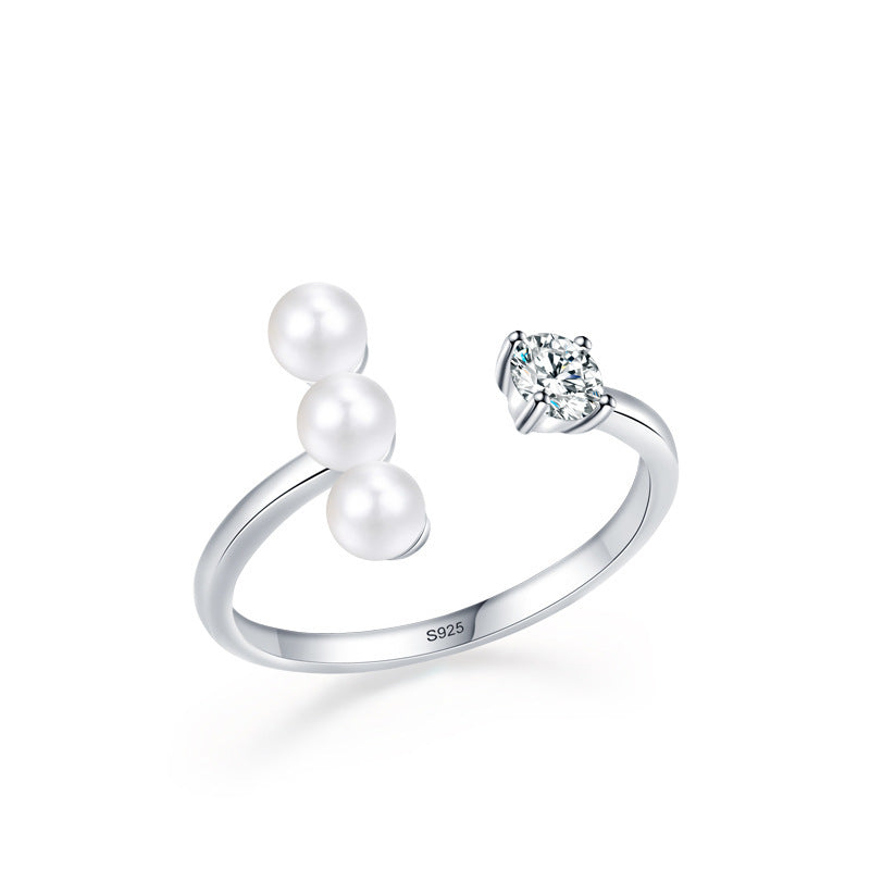 Womens Sterling Silver Ring With Pearl Adjustable Geometric Ring European Design S925 Silver Ring Round And Line