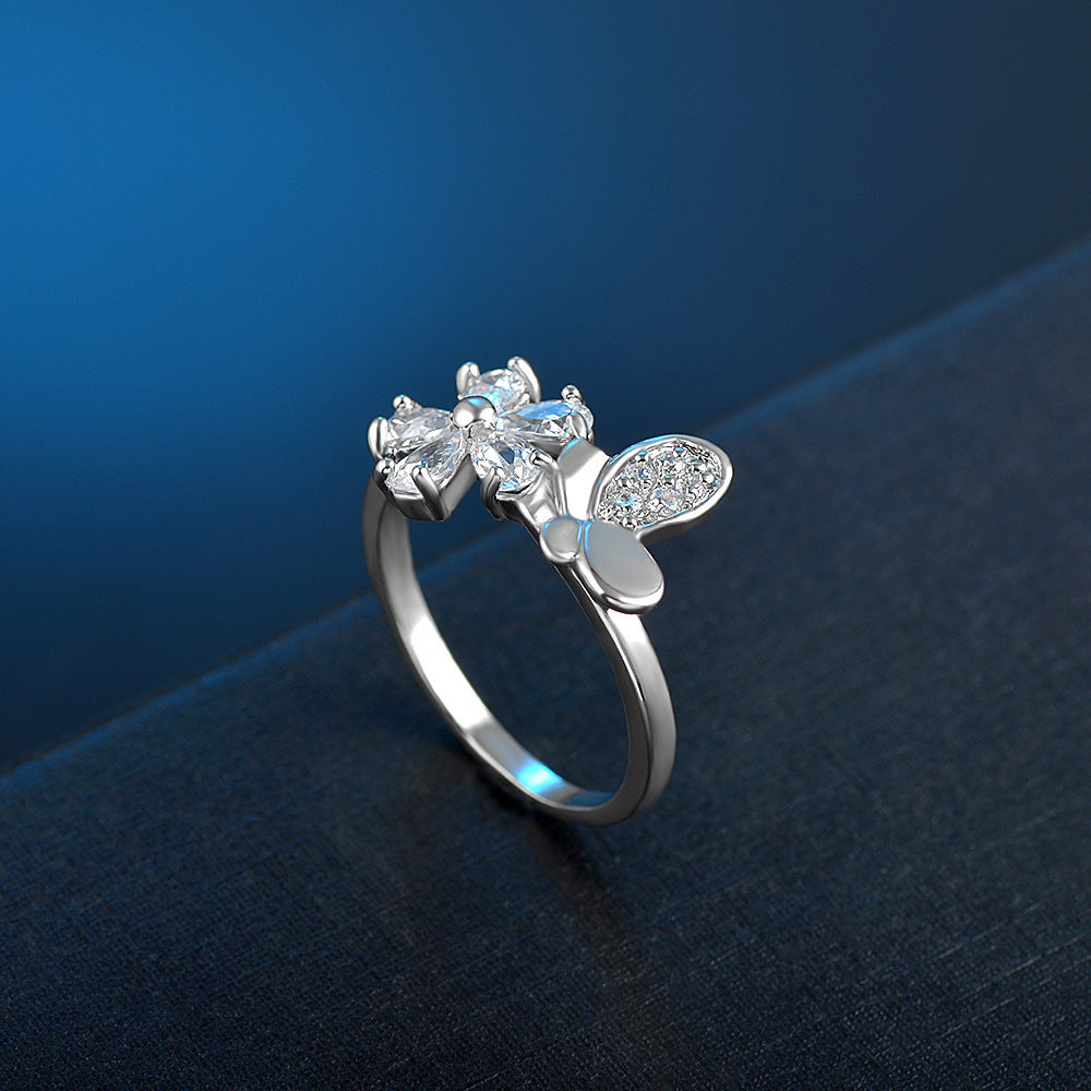 Womens Flower Ring Elegant Copper Ring With Zircon Micro Inlaid Detailing Hand Polished Silver Jewelry Shimmer