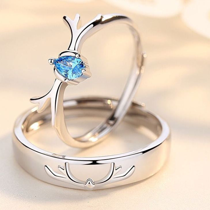 Deer Ring for Couples Animal Ring Set Matching Rings for Lovers Gift Jewelry for Him and Her Mens and Womens White Diamond and Blue Diamond Options