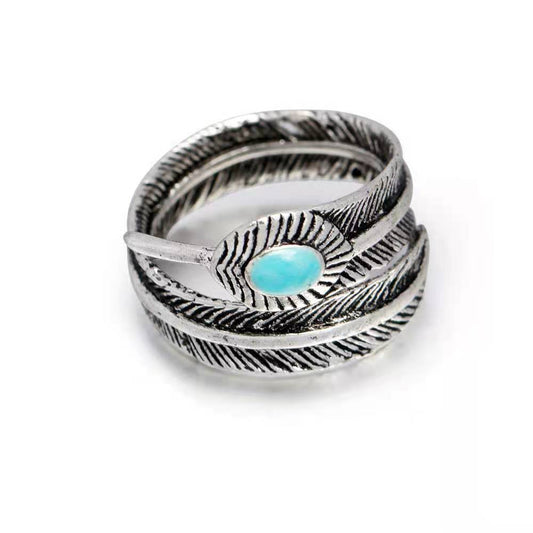 Silver Inlaid Leaf And Feather Ring Zinc Alloy Jewelry European American Design Ring Travel Memorial Gift Ring For Men