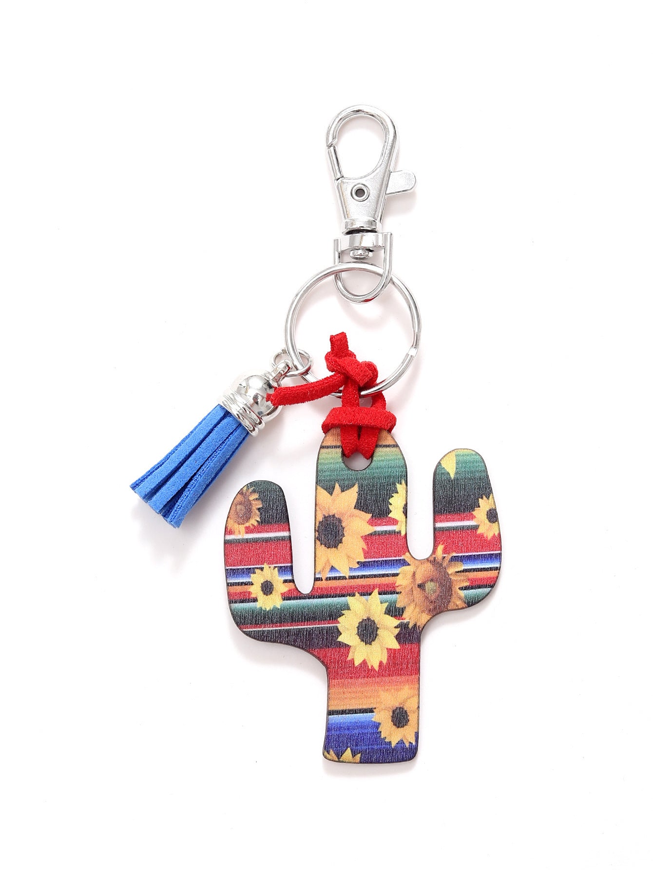 Gray Wooden Keychain Cactus Design With Leopard Flower Accent Durable Key Ring For Women And Girls Pretty Gift