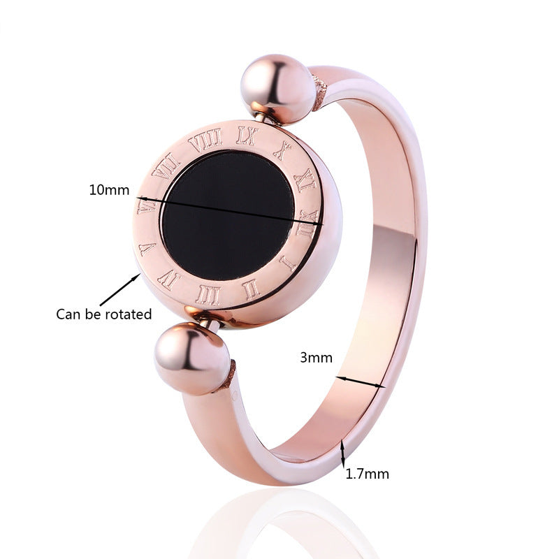 Titanium Steel Roman Numeral Ring Rotating One Side Black White Shell Woman Ring Korean Style Tourism Souvenir