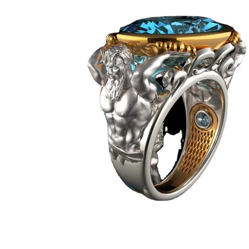 Mens Alloy Ring With Inlaid Gemstone Insect Ring European Lion Ring Two Tone Electroplated Golden And Blue Ring