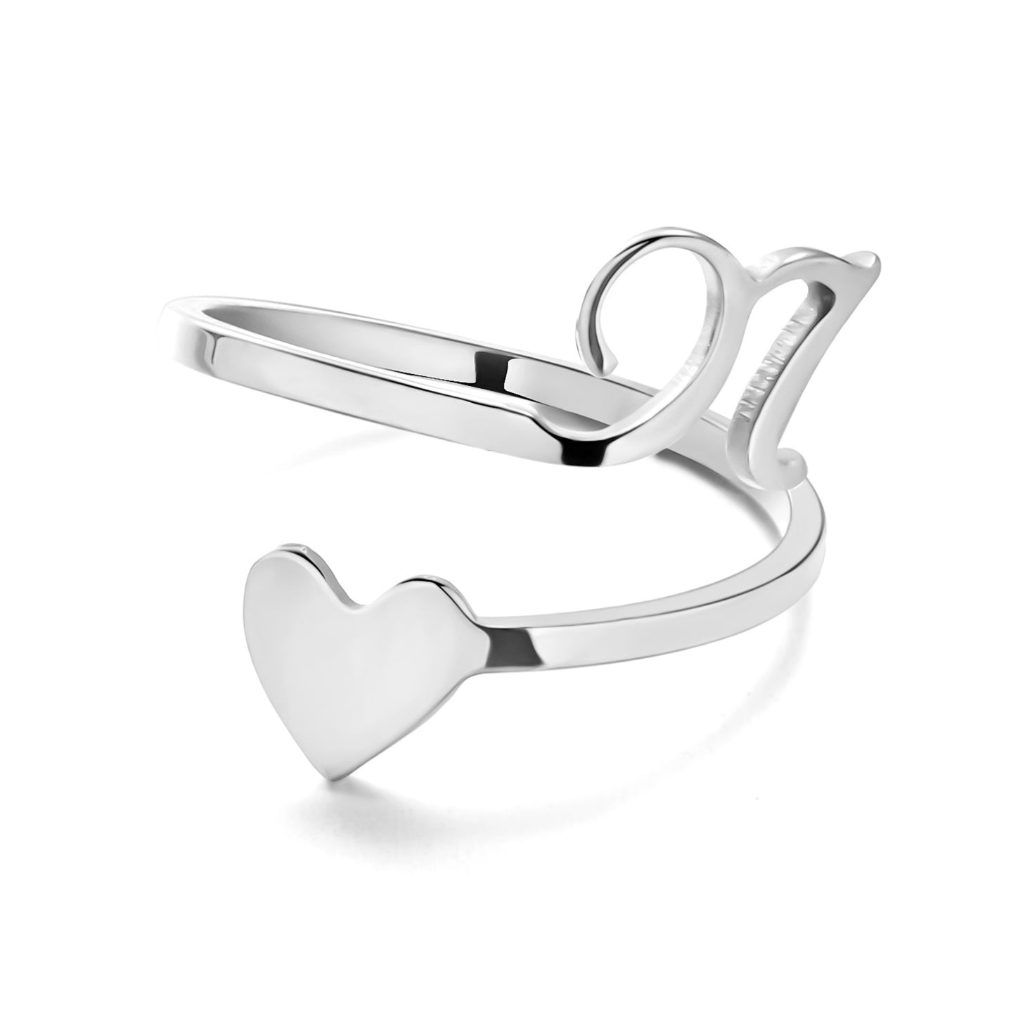 Womens Initial Letter Ring Adjustable Stainless Steel Heart Design 3D Open Heart Electroplated Fashionable Chic