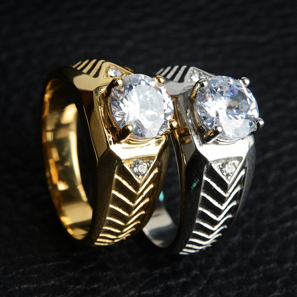 Unisex Stainless Steel Ring with Twill Inlay and Zircon Accent Ethnic U Shape Band Stainless Steel Jewelry Ring Gift for Men or Women