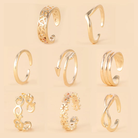 Women Adjustable Toe Ring Set Geometric Alloy Rings European American Beach Jewelry Gold Tone Silver Tone 8pcs